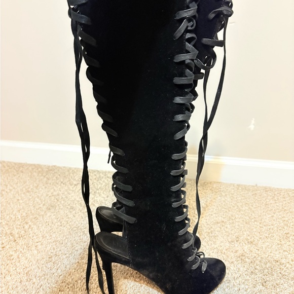 Black Heeled Boots with Lace-Up Design and High Stiletto Heel - Picture 5 of 6